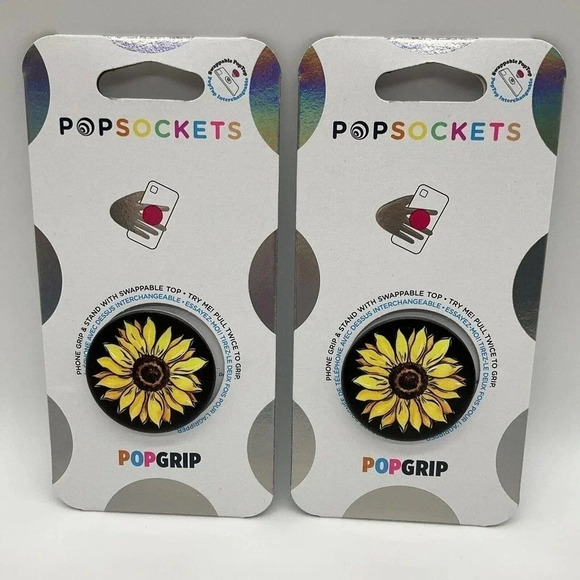 Set of 2 Sunflower Popsocket Yellow Black Phone Grip Holder Popgrip Holiday Gift - Picture 1 of 5